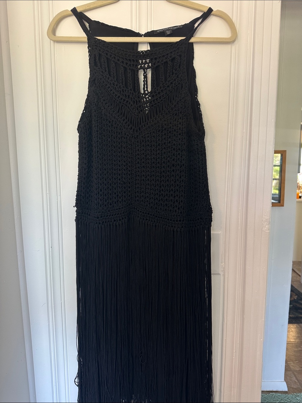 Boston Proper Black Crochet Fringe Maxi Dress